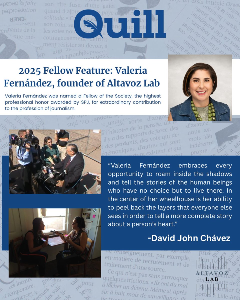 Altavoz_Lab's tweet image. Congratulations to Altavoz Lab CEO and founder, @valfernandez , for her recognition as an @spj_tweets Fellow of Society. Along with journalists @kattenbarge and @deanbaquet, she received SPJ's highest professional honor. quillmag.com/2025/07/07/202…