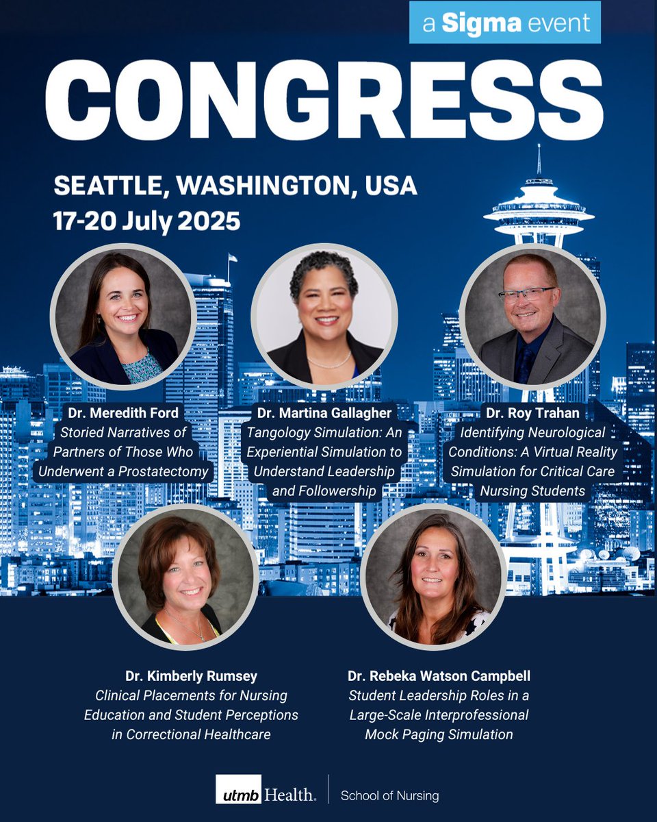 utmbson's tweet image. UTMB SON faculty are presenting at the 2025 Sigma International Nursing Research Congress (#INRC25)!
Join us in celebrating the work of Drs. Meredith Ford, Martina Gallagher, Kimberly Rumsey, Roy Trahan and Rebeka Watson Campbell!
Read more: facebook.com/utmbson/