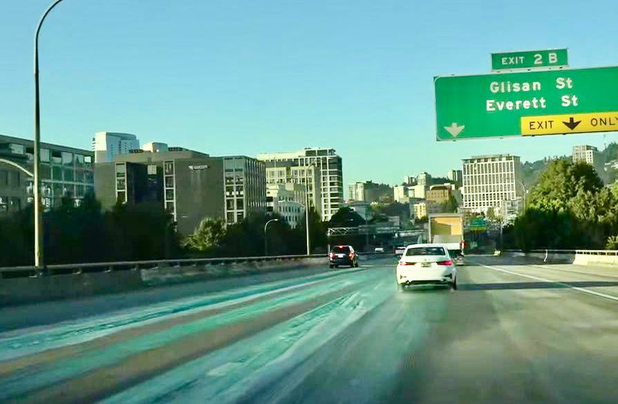 YUCK… about an hour ago on I-405 south near Glisan in #Portland, it kinda looked like the road got slimed.  Green Goop in the middle lanes and it kinda smelled like burning brakes.  Not sure if it’s still there, but use caution in the area #LiveOnK2 #pdxtraffic