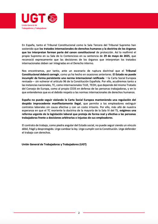 ‼️COMUNICADO | #UGT muestra su preocupación ante la sentencia del Tribunal Supremo sobre la indemnización por despido improcedente

➡️ El sindicato manifiesta su profunda preocupación por una decisión que desprotege el contrato de trabajo

➡️ España no puede seguir violando la