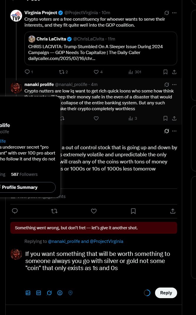 LOL well now we know 
they got mad because i told it how it is with crypto the account is a crypto scammer and little more 
And they hid my replies 
x.com/ProjectVirgini…
Little crybabies ran and hid in the corner like some liberal woke child