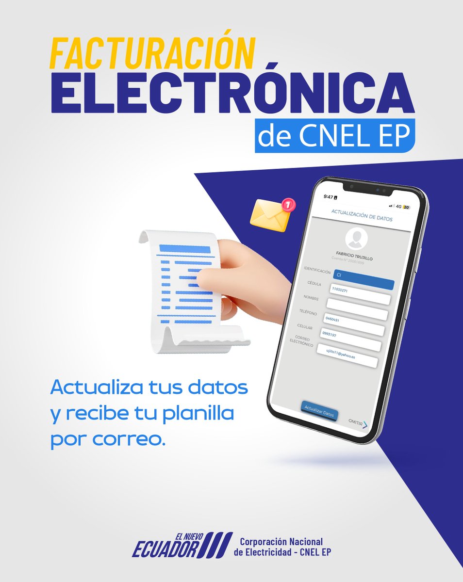 ¡Facturación Electrónica de CNEL EP!

En cumplimiento con la normativa del SRI, desde ahora recibirás tu planilla mensual por correo electrónico.

✅ Actualiza tus datos en línea o en la agencia más cercana.

Más información 👉 cnelep.gob.ec
#FacturaElectrónicaCNEL