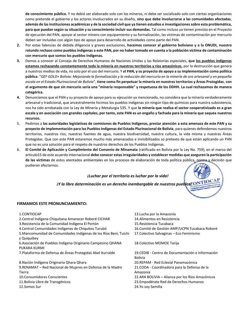 CONTIOCAP (@contiocap) on Twitter photo #Denunciamos
Gobierno y ONUDI excluyen a pueblos indígenas contaminados por mercurio de la elaboración del Plan de Reducción de mercurio en la minería aurífera en #Bolivia
<a href="/DPBoliviaOf/">Defensoría del Pueblo Bolivia</a> <a href="/OACNUDH/">OACNUDH</a> <a href="/ONU_derechos/">ONU Derechos Humanos - América del Sur</a> <a href="/pnud/">ONU Desarrollo</a> <a href="/ONU_es/">Naciones Unidas</a> <a href="/CMNUCC/">ONU Cambio Climático</a> <a href="/ONUDI_ALC/">ONUDI en América Latina y el Caribe</a> <a href="/minamataMEA/">Minamata Convention on Mercury</a> <a href="/LacP10info/">#EscazúAHORA | #EscazuNOW | #EscazúAGORA</a> <a href="/cepal_onu/">CEPAL</a> #Denunciamos
Gobierno y ONUDI excluyen a pueblos indígenas contaminados por mercurio de la elaboración del Plan de Reducción de mercurio en la minería aurífera en #Bolivia
<a href="/DPBoliviaOf/">Defensoría del Pueblo Bolivia</a> <a href="/OACNUDH/">OACNUDH</a> <a href="/ONU_derechos/">ONU Derechos Humanos - América del Sur</a> <a href="/pnud/">ONU Desarrollo</a> <a href="/ONU_es/">Naciones Unidas</a> <a href="/CMNUCC/">ONU Cambio Climático</a> <a href="/ONUDI_ALC/">ONUDI en América Latina y el Caribe</a> <a href="/minamataMEA/">Minamata Convention on Mercury</a> <a href="/LacP10info/">#EscazúAHORA | #EscazuNOW | #EscazúAGORA</a> <a href="/cepal_onu/">CEPAL</a>