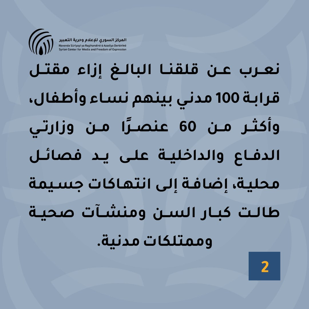 SyrianCenter's tweet image. يعرب المركز السوري للإعلام وحرية التعبير عن قلقه البالغ إزاء مقتل قرابة 100 مدني بينهم نساء وأطفال وأكثر من 60 عنصرًا من وزارتي الدفاع والداخلية على يد فصائل محلية إضافة إلى انتهاكات جسيمة طالت كبار السن والمنشآت الصحية والممتلكات المدنية
المزيد عبر الرابط
scm.bz/statement-on-t…