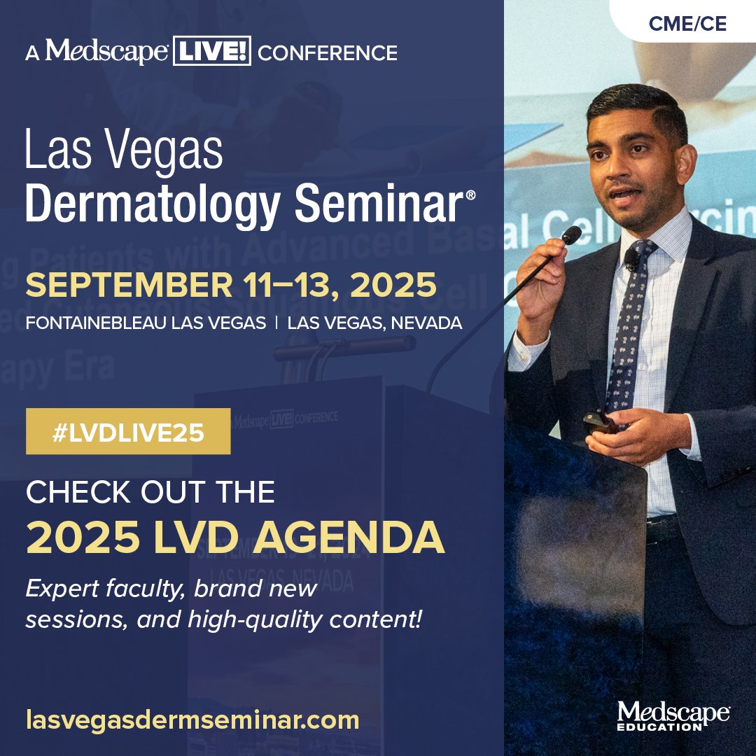 MedscapeLIVE's tweet image. β³ Countdown to #LVDlive25 is ON! Join top faculty Sept 11β13 for expert insights on acne, rosacea, PDT, scalp inflammation & more. Donβt miss your #derm upgradeβregister now: ms.spr.ly/6012s69Ij