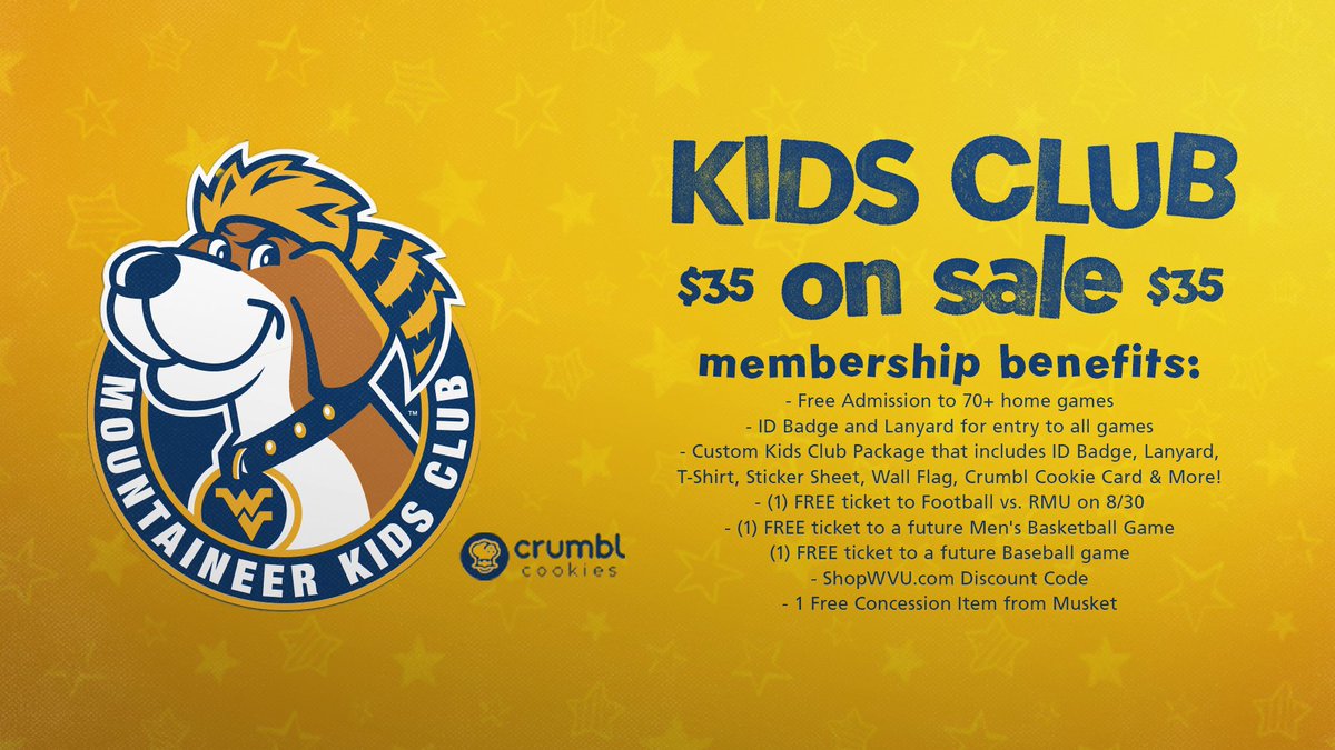 WVUMKC's tweet image. π¨ 2025-26 Memberships are ON SALE NOW!
Presented by @crumblcookies, our kids club is perfect for Mountaineer fans 12 & under!
Includes:
ποΈ Free admission to select games
π Member gift pack
π More surprises all season
Sign up πbit.ly/mkconsale
#HailWV