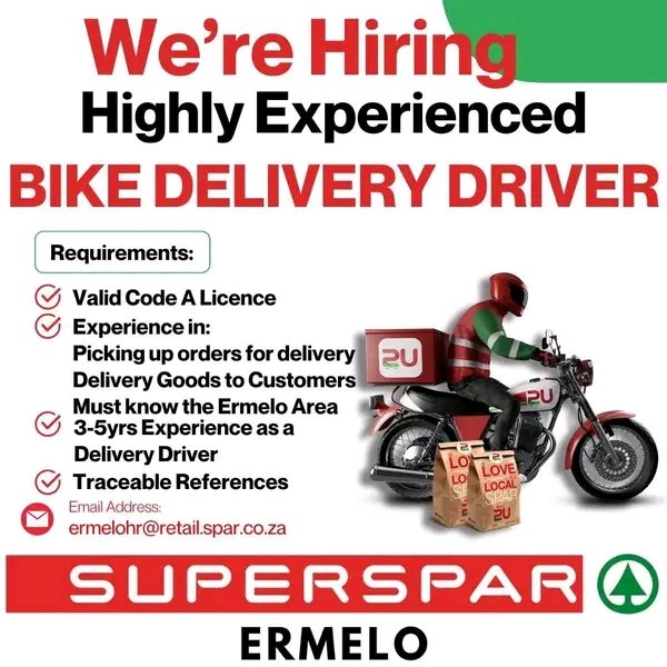 NthabelengDlam3's tweet photo. 🛵Highly Experienced Bike Delivery Driver Wanted!🏍

Please email your CV to ermelohr@retail.spar.co.za

*Please note only successful candidates will be contacted.

#ErmeloSuperspar #wearehiring #newposition #bikedriver #deliverydriverjobs #deliverydriver https://t.co/UQh24iWteC