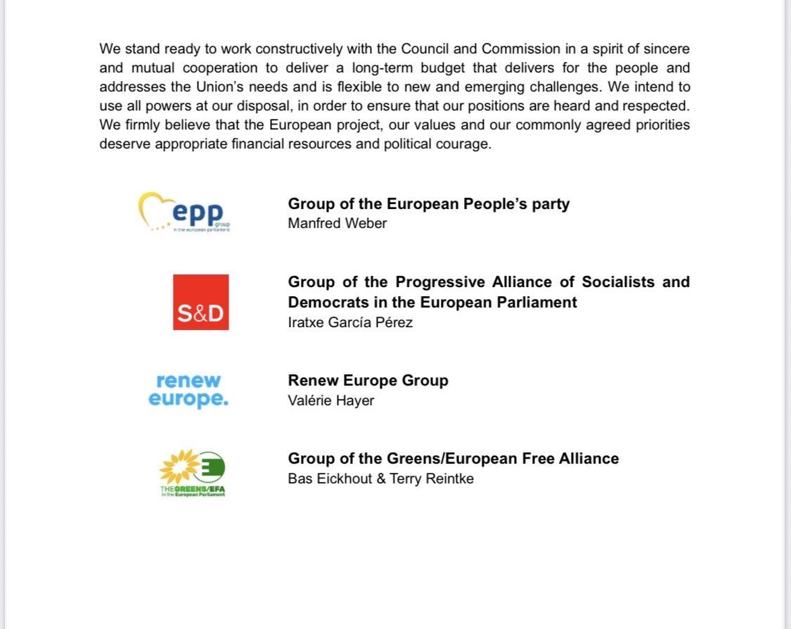TerryReintke's tweet image. EPP, S&D, Renew and Greens/EFA joint statement on MFF.
Leaders call for an ambitious MFF with increased genuine own resources, with rule of law conditionality, respecting Parliament’s prerogatives, and share concerns with National and Regional plans.
We can't do more with less.