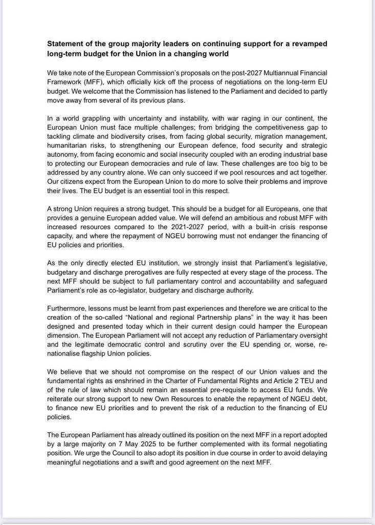 TerryReintke's tweet image. EPP, S&D, Renew and Greens/EFA joint statement on MFF.
Leaders call for an ambitious MFF with increased genuine own resources, with rule of law conditionality, respecting Parliament’s prerogatives, and share concerns with National and Regional plans.
We can't do more with less.