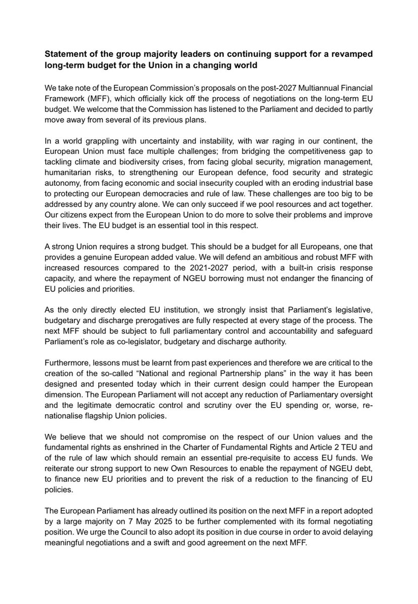 ValerieHayer's tweet image. .@EPPGroup, @TheProgressives, @RenewEurope and @GreensEFA joint statement on MFF.
Leaders call for an ambitious MFF with increased genuine own ressources, with rule of law conditionality, respecting Parliament’s prerogatives, and share concerns with National and Regional plans.…