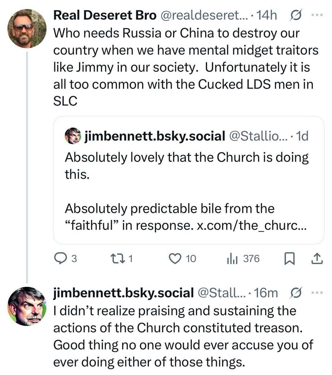 StallionCornell's tweet image. This guy - a “real Deseret bro,” no less - condemns me as a traitor for…
*checks notes*
… praising and sustaining the Church.
For so much of LDX, their gospel is political extremism, not the Restored Gospel of Jesus Christ.