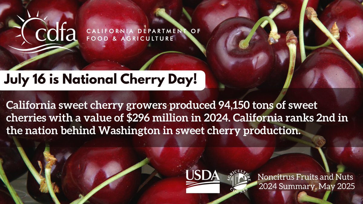 🍒 July 16 is National Cherry Day!
California growers harvested 94,150 tons of sweet cherries in 2024—worth $296 million!
#NationalCherryDay #CaliforniaGrown #Cherries #CalAg