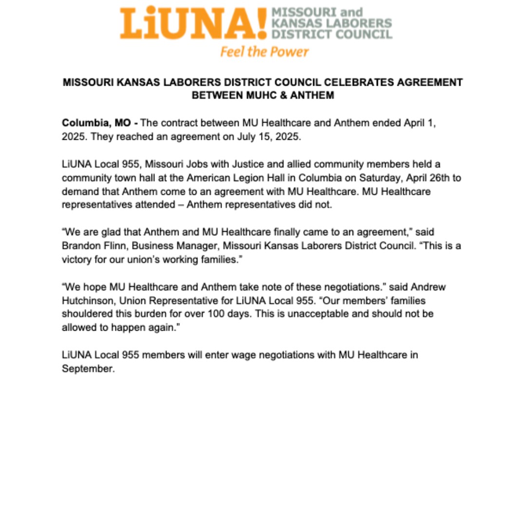 MOKANLaborers's tweet image. Our union family, over 15,000 strong, was directly impacted by the MU Health/Anthem contract lapse. Through town halls, digital outreach, and advocacy, #LiUNA helped push for a resolution. We're proud that a deal was reached and grateful to all who stood with us. #FeelThePower