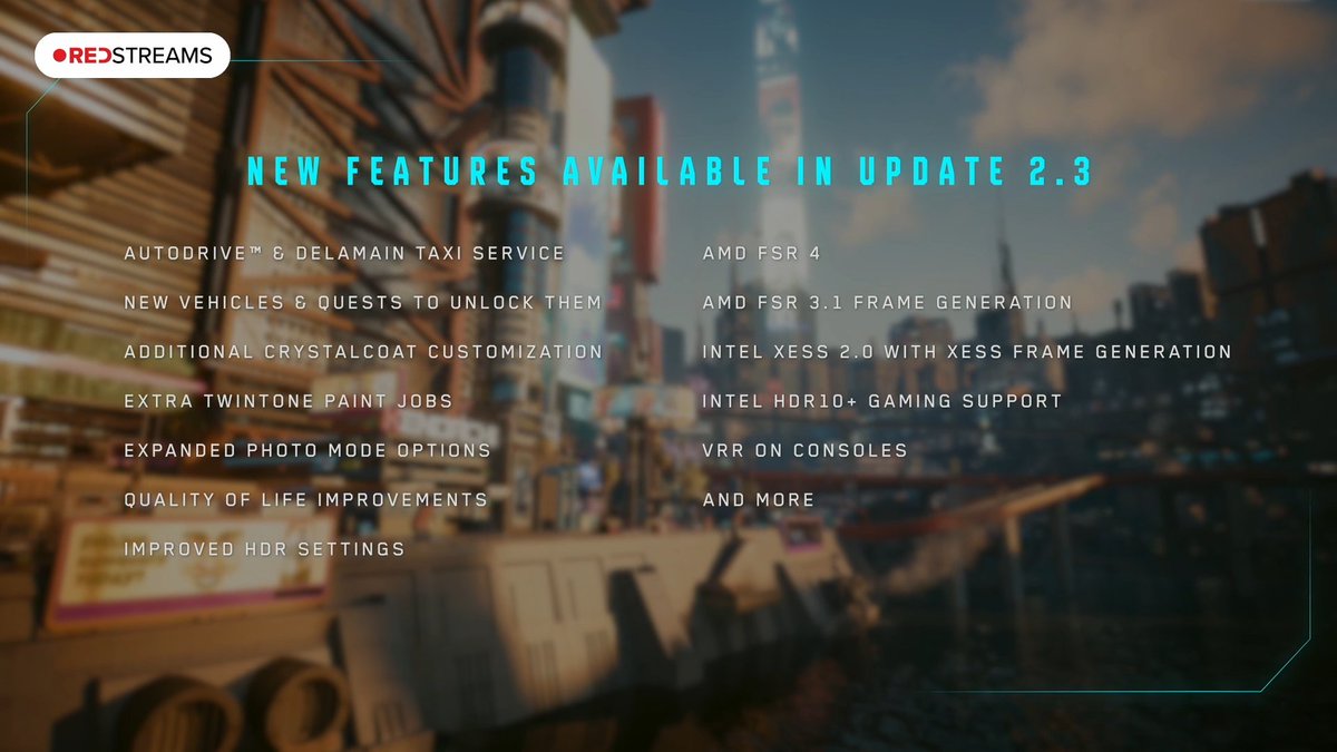 NotiPlay_'s tweet photo. 🚨 OFICIAL 🚨 

La actualización 2.3 para Cyberpunk 2077 llega MAÑANA 🔥🔥

▫️ Nuevos autos que se desbloquean a través de misiones.
▫️ Conducción automática en los autos.
▫️ Nuevo servicio de Taxi.
▫️ CrystalCoats nuevos para los autos.
▫️ Soporte VRR para consolas.
▫️ Y más. https://t.co/T2cQQmGGMc