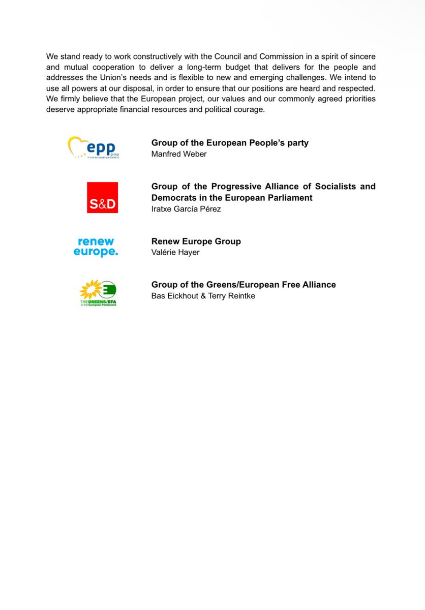 IratxeGarper's tweet image. EPP, S&D, Renew and Greens/EFA joint statement on MFF.
Leaders call for an ambitious MFF with increased genuine own resources, with rule of law conditionality, respecting Parliament’s prerogatives, and share concerns with National and Regional plans.
We can't do more with less.