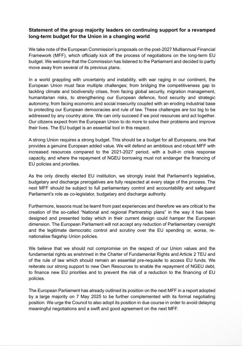 IratxeGarper's tweet image. EPP, S&D, Renew and Greens/EFA joint statement on MFF.
Leaders call for an ambitious MFF with increased genuine own resources, with rule of law conditionality, respecting Parliament’s prerogatives, and share concerns with National and Regional plans.
We can't do more with less.