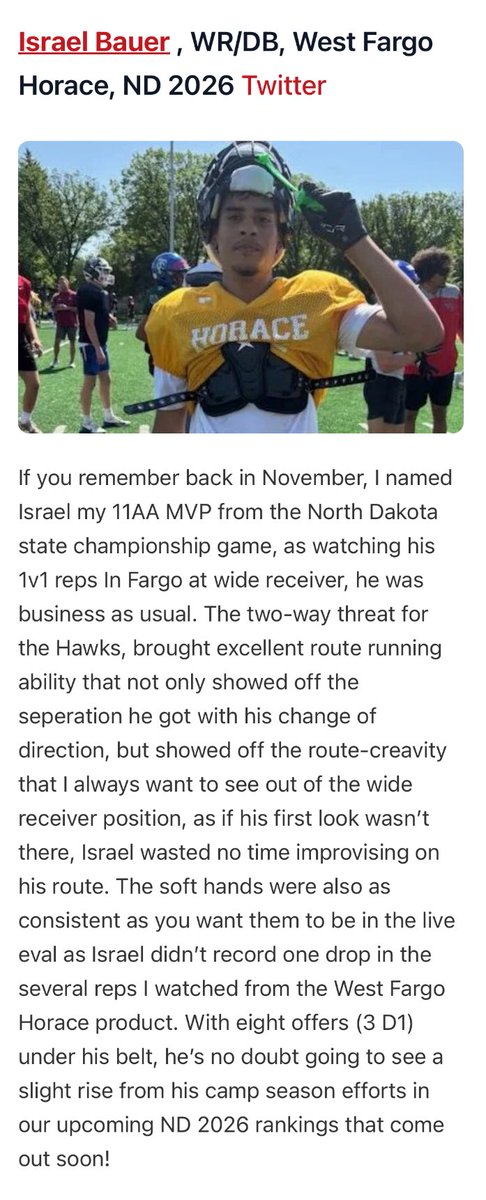 Israel “ShowTime” Bauer (@israel_bauer2) on Twitter photo Thank you for the article <a href="/NWahlScouting/">Nate Wahl</a> I really appreciate it <a href="/WFHoraceFB/">HoraceHawksFootball</a> <a href="/PrepRedzoneDAK/">Prep Redzone Dakotas</a> Thank you for the article <a href="/NWahlScouting/">Nate Wahl</a> I really appreciate it <a href="/WFHoraceFB/">HoraceHawksFootball</a> <a href="/PrepRedzoneDAK/">Prep Redzone Dakotas</a>
