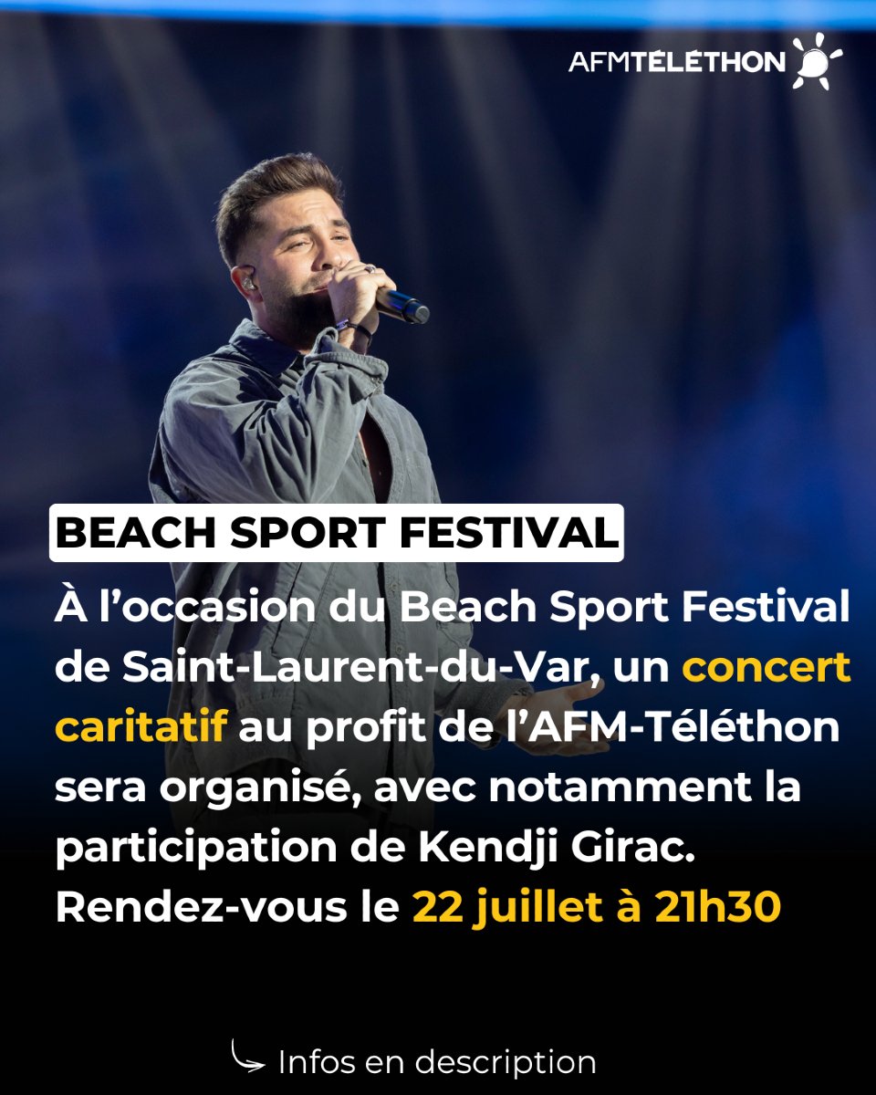 Telethon_France's tweet image. 🎶 Le 22 juillet à 21h30, dans le cadre du Beach Sport Festival à @sldv06, un concert exceptionnel avec @GIRACKENDJI pour une soirée solidaire au profit de l’AFM-Téléthon et deux autres assos !
Plus d’infos 👉 bit.ly/4lMVJgK