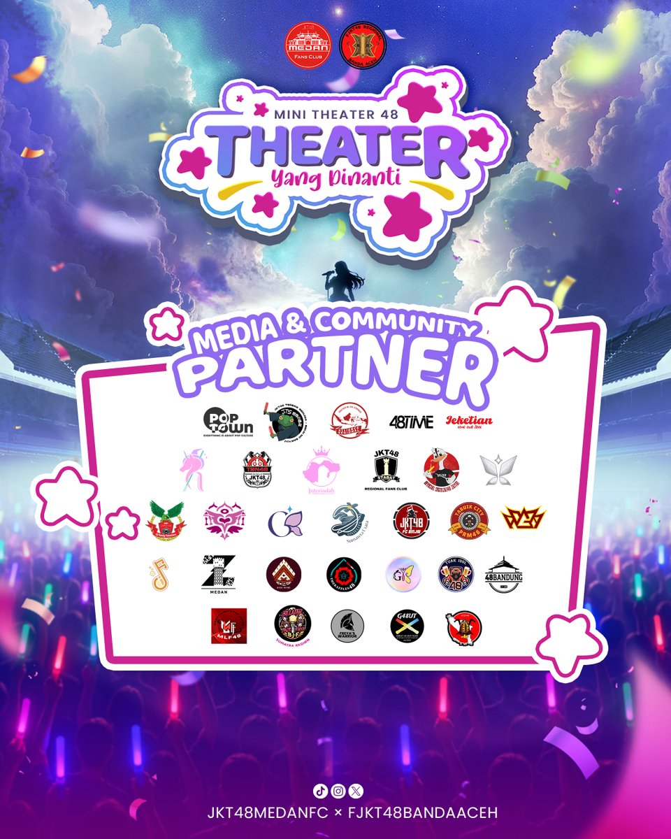 JKT48MedanFC's tweet photo. Inilah dia Media &amp; Community Partner yang akan memeriahkan acara Mini Theater 48: Theater Yang Dinanti - Special Anniversary Beginning To Dream, Fanbase JKT48 Medan Fans Club &amp; FJKT48 Banda Aceh  Media Partner:

@Allianceregion
@poptown_id
@48timee
@Jekeetian
@JKT48Terbaik https://t.co/w6HIXK8yCQ
