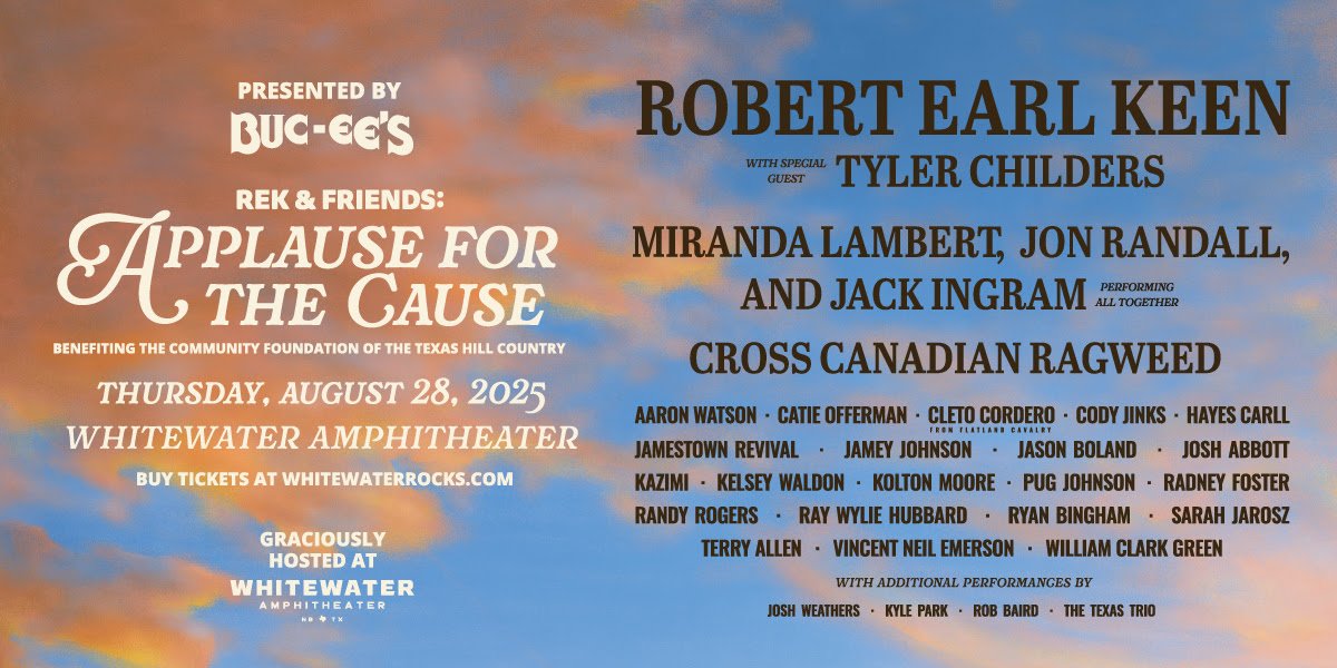 .<a href="/robertearlke/">Robert Earl Keen</a> + .@ttchilders + .<a href="/bucees/">Buc-ee's Beaver</a> July 18th  .<a href="/WhitewaterRocks/">Whitewater Amphitheater</a>  noon Central, reserved seating ($200) and GA TIX ($99) will go on sale, with 100% of the proceeds benefiting Foundation of Community Texas Hill Country. For all tickets, please visit whitewaterrocks.com.