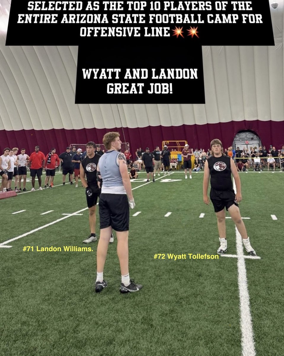 Drew (@sixtyaje) on Twitter photo 6’2 290 Center
WYATT Tollefson #72
<a href="/WyattJTolly/">Wyatt Tollefson</a> has all the right attributes to be a next level center out of Mountain Ridge High School
Placed 1st amongst all Centers at <a href="/ASUFootball/">Sun Devil Football</a> Big Man Comp.
Excited to see where Wyatt and the rest of the ‘26 OL land next year 6’2 290 Center
WYATT Tollefson #72
<a href="/WyattJTolly/">Wyatt Tollefson</a> has all the right attributes to be a next level center out of Mountain Ridge High School
Placed 1st amongst all Centers at <a href="/ASUFootball/">Sun Devil Football</a> Big Man Comp.
Excited to see where Wyatt and the rest of the ‘26 OL land next year