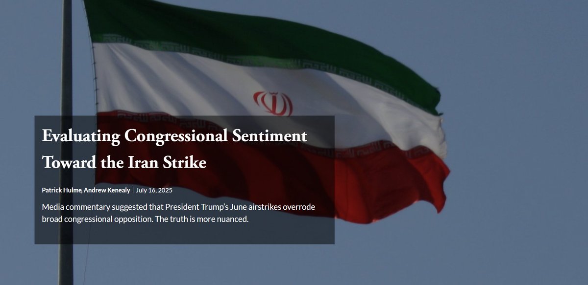 Lawfare (@lawfare) on Twitter photo On June 21, U.S. forces conducted air strikes on three nuclear sites in Iran, marking the first time since 1979 that the U.S. has struck the nation. <a href="/mphulme/">Patrick Hulme</a> and <a href="/KenealyAM/">Andrew Kenealy</a> measured congressional sentiment toward the attacks and found mild support for the strikes. On June 21, U.S. forces conducted air strikes on three nuclear sites in Iran, marking the first time since 1979 that the U.S. has struck the nation. <a href="/mphulme/">Patrick Hulme</a> and <a href="/KenealyAM/">Andrew Kenealy</a> measured congressional sentiment toward the attacks and found mild support for the strikes.