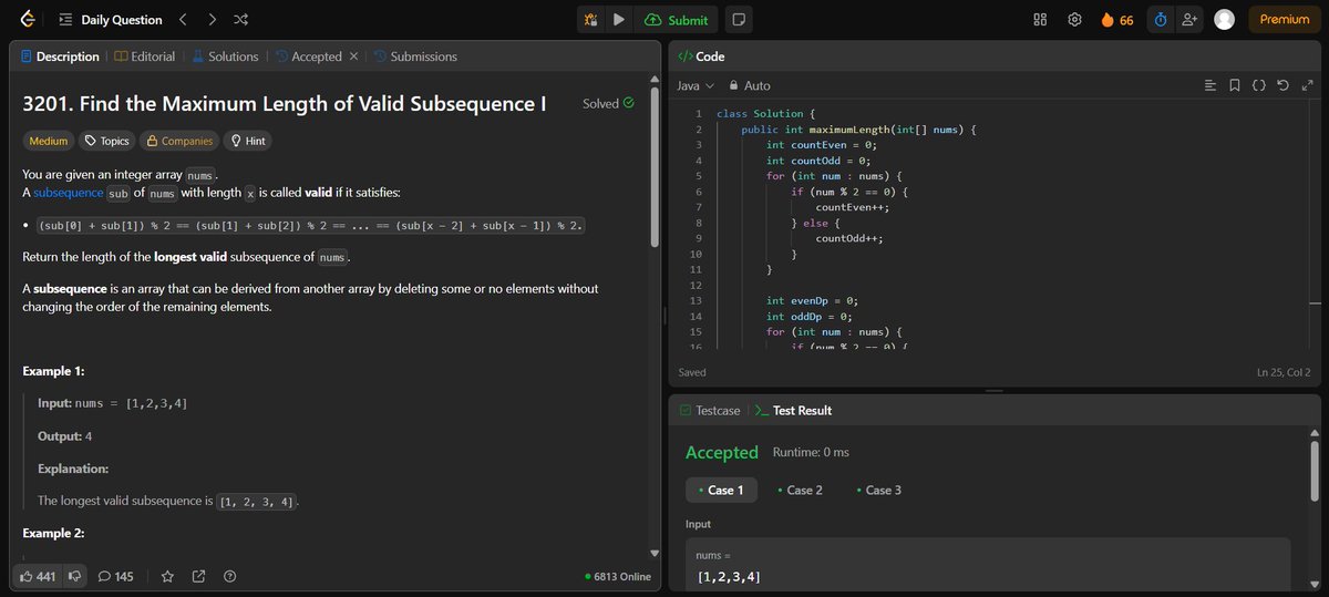 AdarshKumar206's tweet image. Round 2 of #100DaysOfCode
Day 32 of #100DaysOfCode on #leetcode #DSA #LearnInPublic #buildinpublic #remote #connect #remotework #remotejob #java #coding #programming #100daysofcodechallenge #developer #learning #cp
Problem 3201 : Find the Maximum Length of Valid Subsequence I