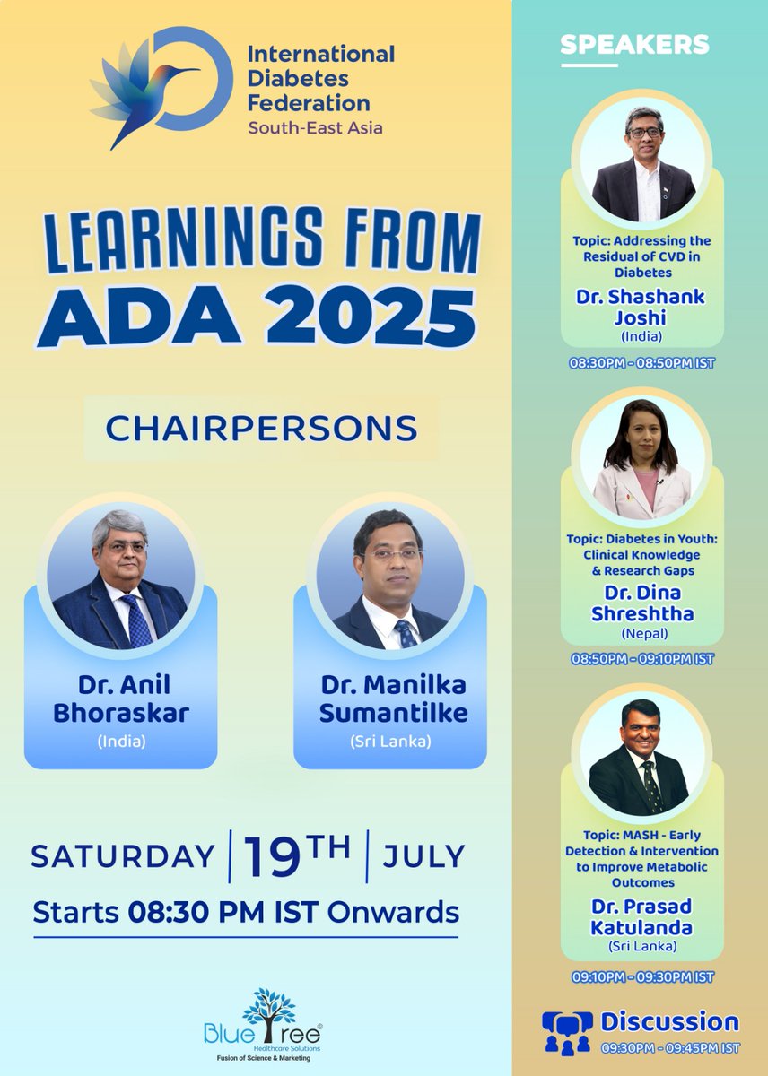 LearningADA2025's tweet photo. Learn. Share. Transform.
Join global experts at Learnings from ADA 2025 – in collaboration with IDF South-East Asia.
19th July | 8:30 PM IST Onwards
Webinar Link: https://t.co/Wl19XtRbtv

Join the conversation shaping the future of diabetes

#ADA2025 #DiabetesCare #IDFSEA https://t.co/w1ND0dDyOF