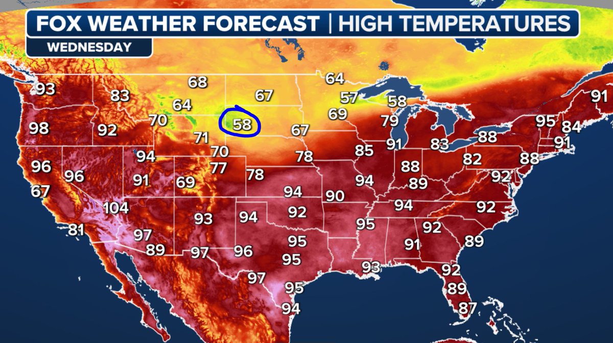 gdimeweather's tweet image. Heat and humidity have been the calling card for much of the country this summer
But today the north-central part of the country gets a nice break
In Rapid City, SD it'll be downright chilly. If they stay in the 50s, it'll be their 1st sub-60° July day in 47 years!
