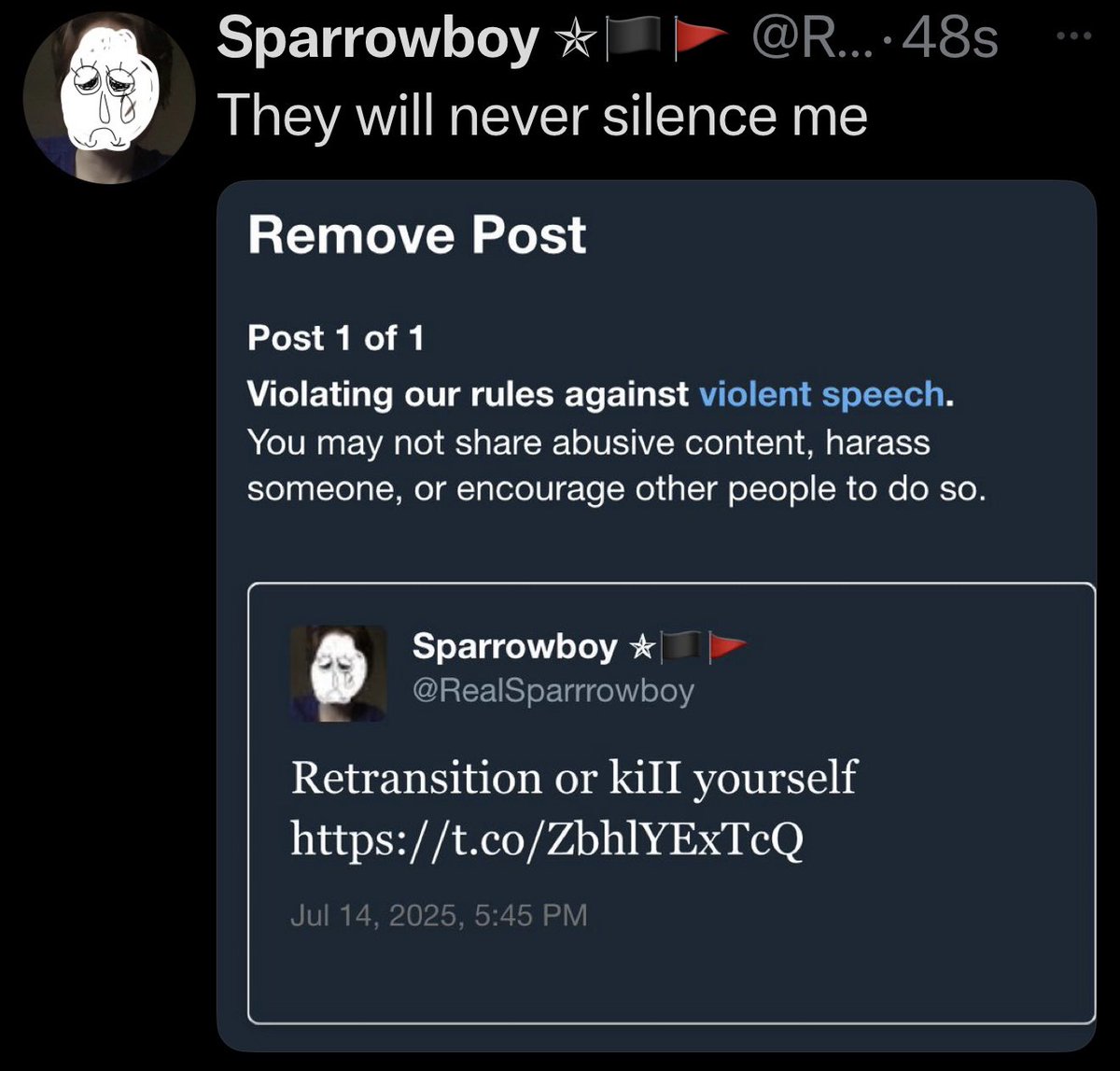 legaltweetz's tweet image. I’m standing strong in detransition. Sorry to disappoint here but neither of your requests will be granted.