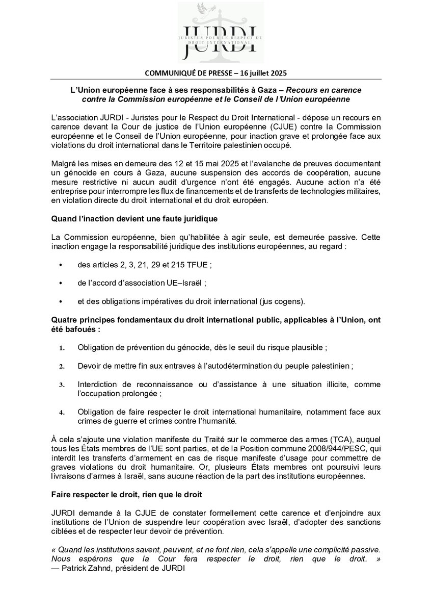 JURDIasso's tweet image. 🔴 COMMUNIQUÉ DE PRESSE 🔴
Ce 17 juillet, JURDI dépose un recours devant la CJUE contre la Commission européenne et le Conseil de l'UE, pour manquement à leurs obligations de prévenir le génocide à Gaza et de faire respecter le droit international humanitaire.
👇