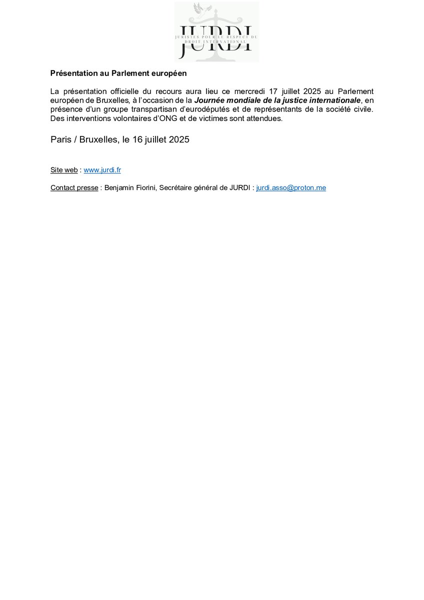 JURDIasso's tweet image. 🔴 COMMUNIQUÉ DE PRESSE 🔴
Ce 17 juillet, JURDI dépose un recours devant la CJUE contre la Commission européenne et le Conseil de l'UE, pour manquement à leurs obligations de prévenir le génocide à Gaza et de faire respecter le droit international humanitaire.
👇