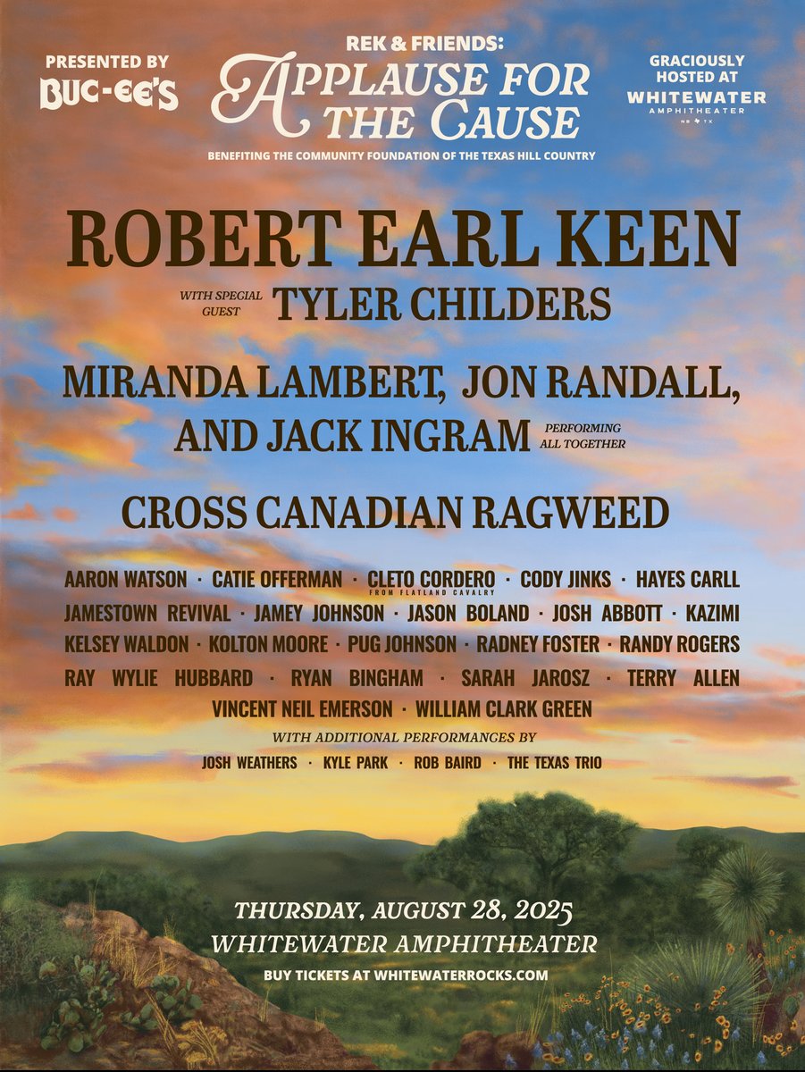 robertearlkeen's tweet image. JUST ANNOUNCED: Robert Earl Keen & Friends—Applause for the Cause
Aug 28 | Whitewater Amphitheater
Tyler Childers • Miranda Lambert • Cross Canadian Ragweed • Ryan Bingham + more
100% of proceeds to TX Hill Country flood relief
🎟 On sale Fri @ noon whitewaterrocks.com
