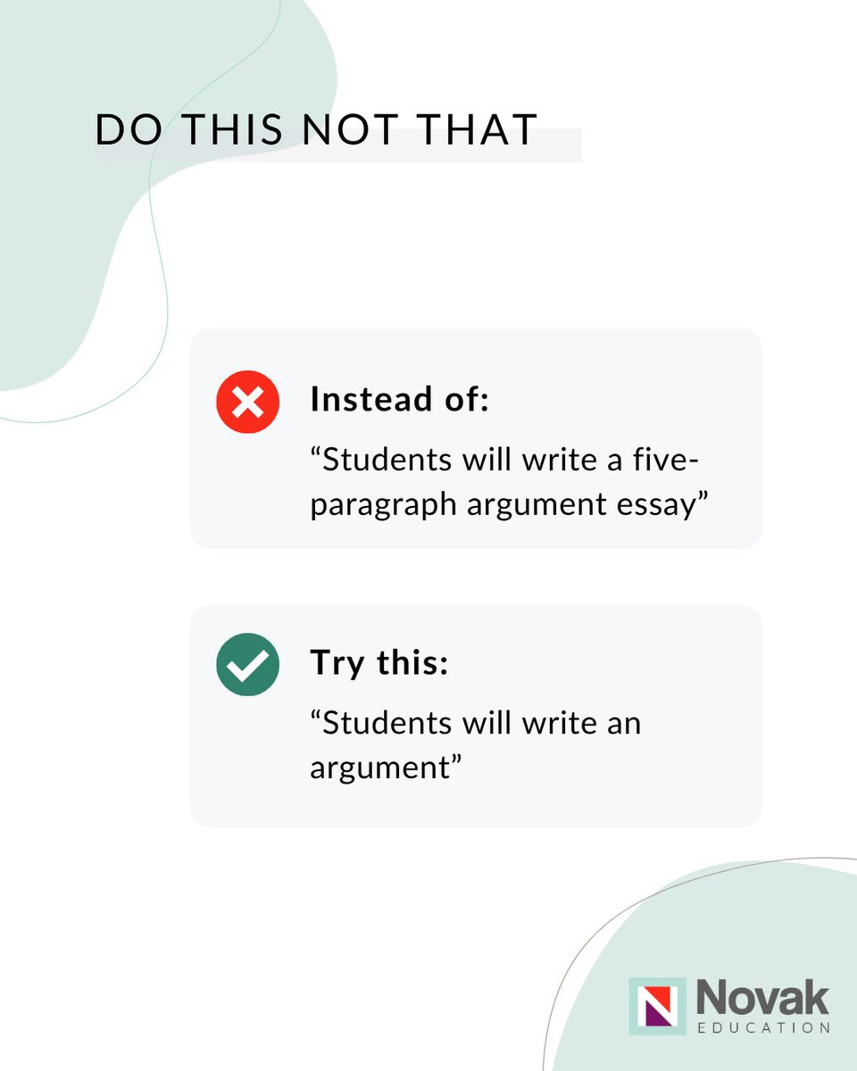 KatieNovakUDL's tweet image. 🚫Instead of, “Students will write a five-paragraph argument essay,”
☑️Try this, “Students will write an argument,”

WHY?
This approach allows for a variety of outputs, such as essays, letters, and speeches, while staying true to the original language of the standard.