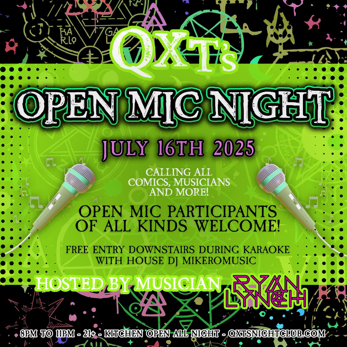 Come to Ryan's Weird &amp; Wacky Open Mic Night!
Wednesday, July 16th in The Crypt
This is a free form space to do your thing, collaborate with others, and just have fun with it!
Doors at 8PM
Kitchen is OPEN all night!
FREE Entry!
21+
Parking on/off streets.