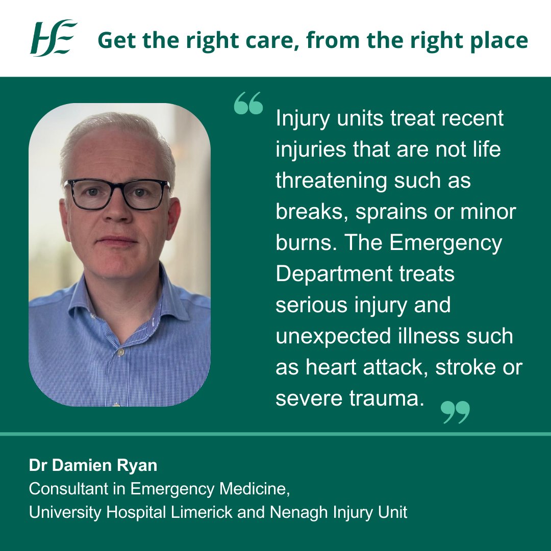 HSE Mid West (@hsemidwest) on Twitter photo Injury Units treat recent injuries that are not life-threatening such as breaks, sprains, strains, scalds & minor burns-most are treated & home in under 2 hours
🕗 Open daily, 8am-8pm
📍 <a href="/StJohnsHospLmk/">St. John's Hospital, Limerick</a> Ennis & Nenagh
👨⚕️ For adults & children (5+)
➡ hse.ie/injuryunits Injury Units treat recent injuries that are not life-threatening such as breaks, sprains, strains, scalds & minor burns-most are treated & home in under 2 hours
🕗 Open daily, 8am-8pm
📍 <a href="/StJohnsHospLmk/">St. John's Hospital, Limerick</a> Ennis & Nenagh
👨⚕️ For adults & children (5+)
➡ hse.ie/injuryunits