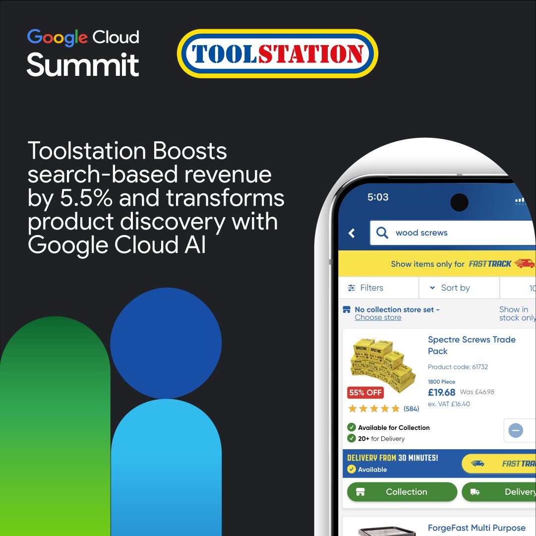 GoogleCloud_UKI's tweet image. We’re partnering with @ToolstationUK to transform its digital commerce with AI 🛠️
Using Vertex AI Search for Commerce powered by Gemini, Toolstation has boosted search revenue by 5.5% and click-through rates by 10%
Read the full story, here: goo.gle/3IxqwzH