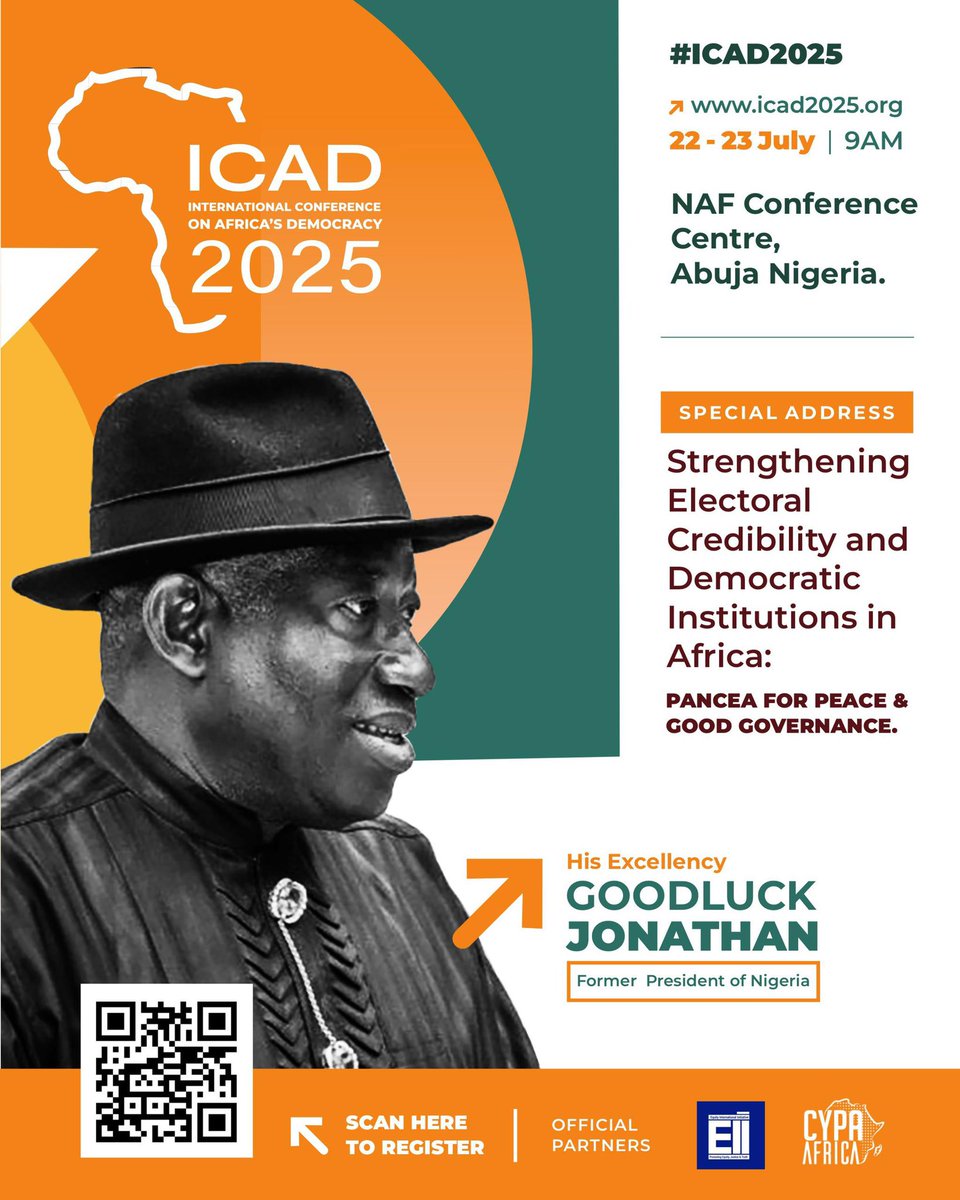 Africa is ready for real change. No more empty promises. It’s time to build a democracy that delivers for its people. 🌍✊🏾

Be part of #ICAD2025

🗓️ July 22–23 |📍 NAF Centre, Abuja

🎤Fmr. President Goodluck Jonathan &amp; Prof. Lumumba 

Register via: icad2025.org/index.php/regi…