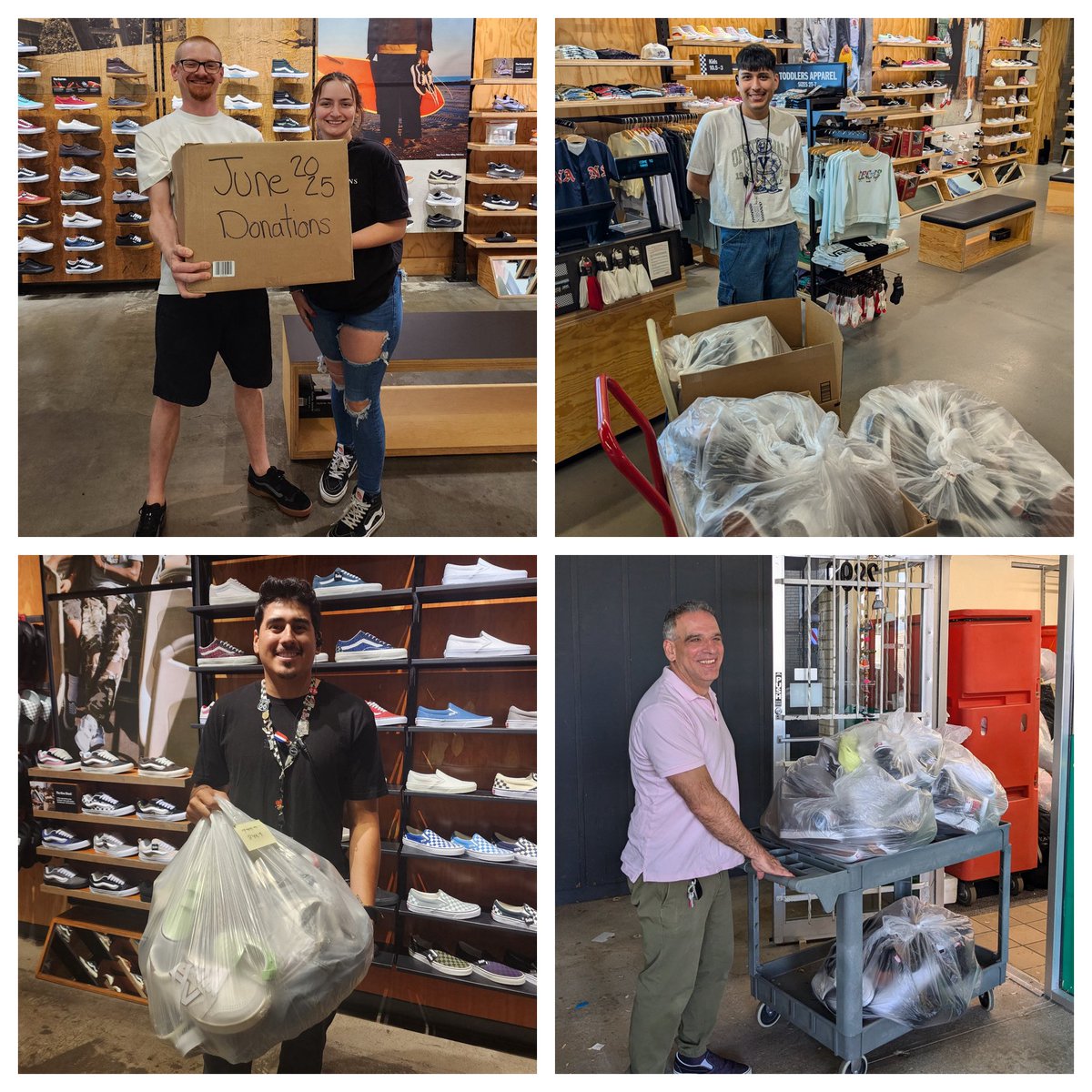 Our volunteer Sam (bottom right photo) has recently taken on the role of Apparel Partner liaison with <a href="/Vans/">Vans</a> 💙. He is making regular pickups from 7 of their front range stores. Our students LOVE the beautiful new shoes! #thankyou #companiesthatcare #newshoes