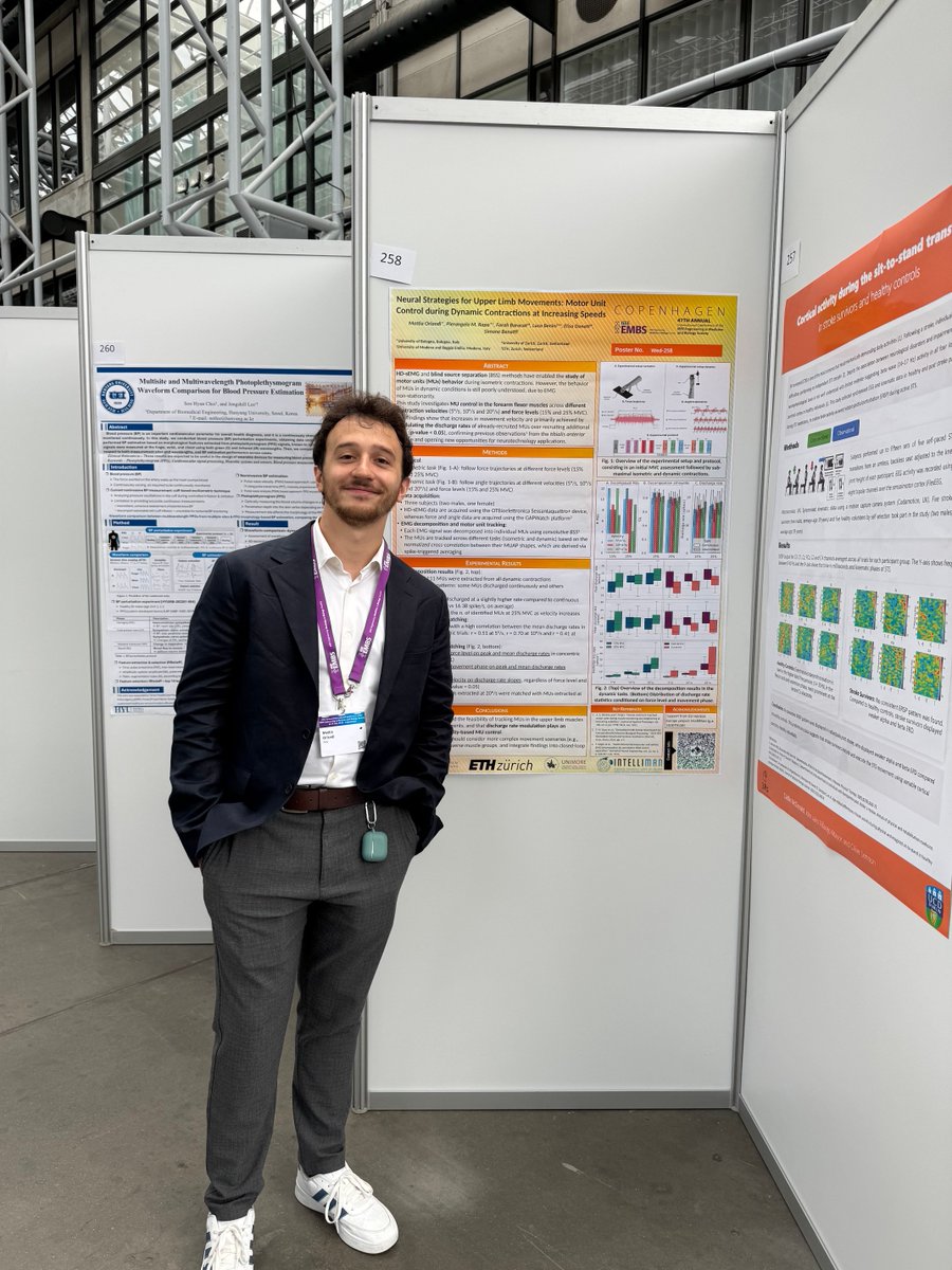 pulp_platform's tweet image. Thorir @ThorirMar, Anna, Sebastian & Mattia are currently attending EMBC 2025 in Copenhagen. Below is Mattia with his poster "Neural Strategies for Upper Limb Movements" and Sebastian presenting "Real-Time, Single-Ear, Wearable ECG Reconstruction" embc.embs.org/2025/about/