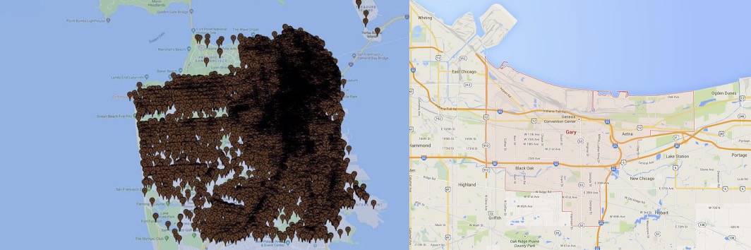 myjunkaintbroke's tweet image. Comparative 'poop map', contrasting San Francisco poop reports with scenic and lush Gary, Indiana. @ingelramdecoucy @GavinNewsom @GovBraun @GovPressOffice @SonofHas @OneBadDude_