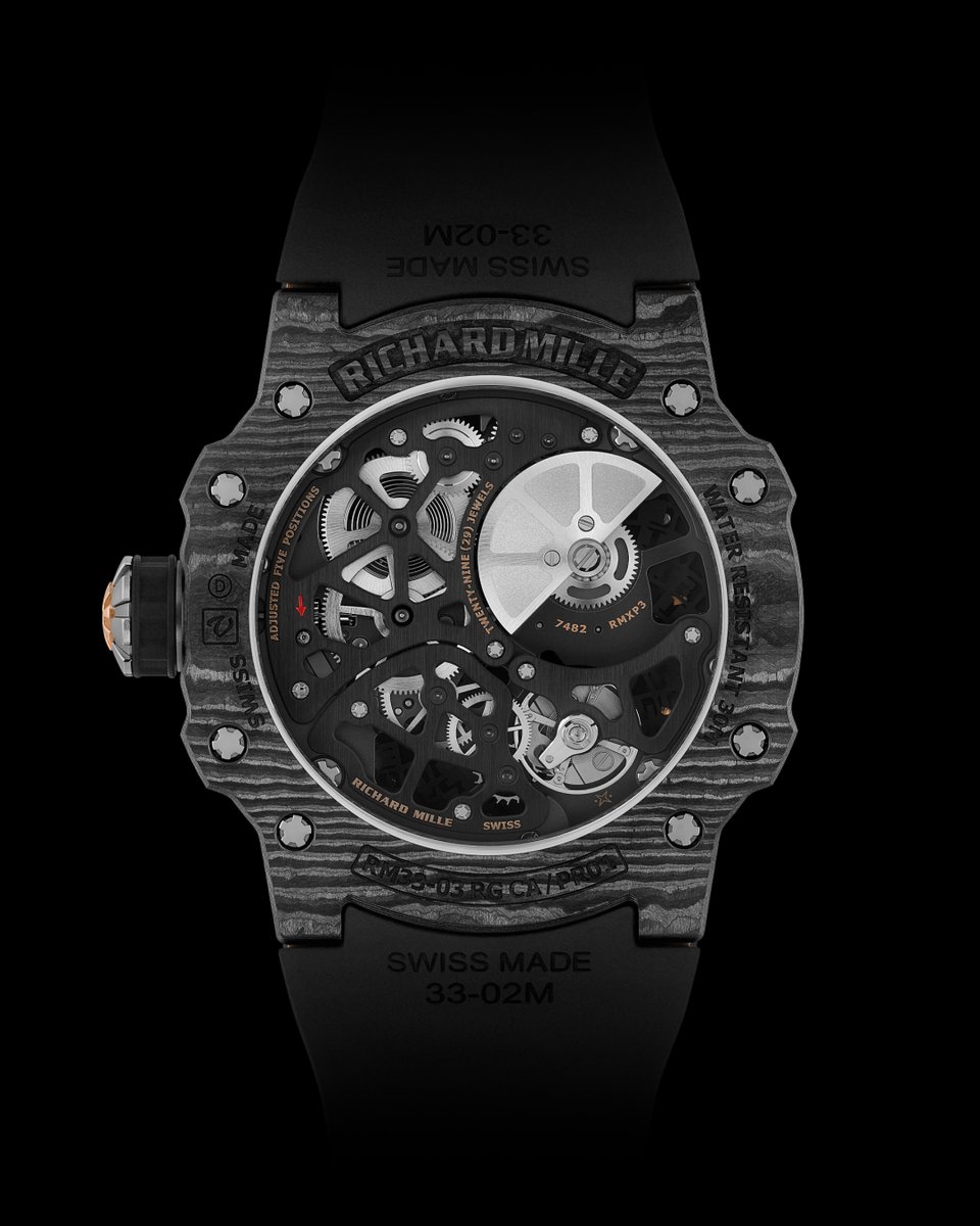 Richard_Mille's tweet image. The new RM 33-03 Automatic in Carbon TPT® and red gold is instantly recognisable by its damascened finish and the bold contrast of its materials. Innovative composites like Carbon TPT® lend the watch exceptional lightness, scratch resistance, and visual impact.…