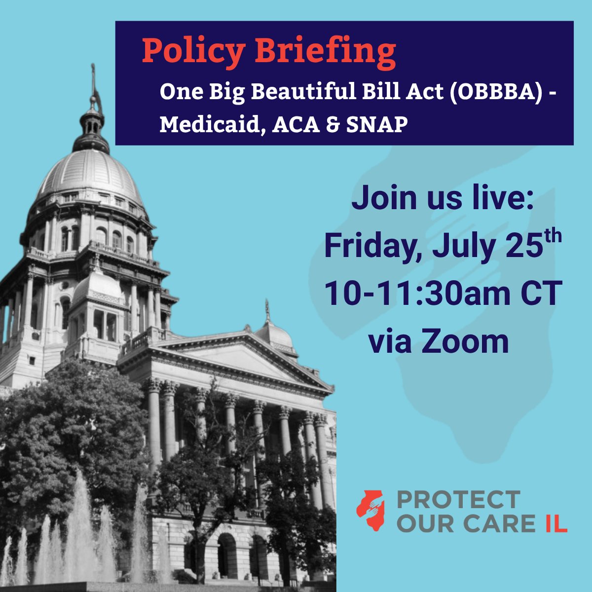 ProtectILCare's tweet image. Join us for a virtual policy briefing on the provisions related to #Medicaid, #ACA and #SNAP within the #BBB: when each provision goes into effect, the impact on residents and ways we can mitigate the harm in IL.
Friday, July 25, 2025
10:00am – 11:30am CST
aidschicago-org.zoom.us/webinar/regist…