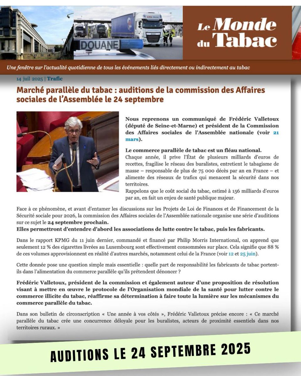 RDV le 24 septembre: l'@AN_AFSoc auditionnera associations &amp; industriels sur le commerce parallèle du #tabac.

❌🚬 Ce fléau alimente le trafic, le tabagisme de masse (75 000 décès/an) et prive l’État de 3 milliards d'€.
🔗Article dans le <a href="/lemondedutabac/">Le monde du tabac</a>: bit.ly/3Iueves
