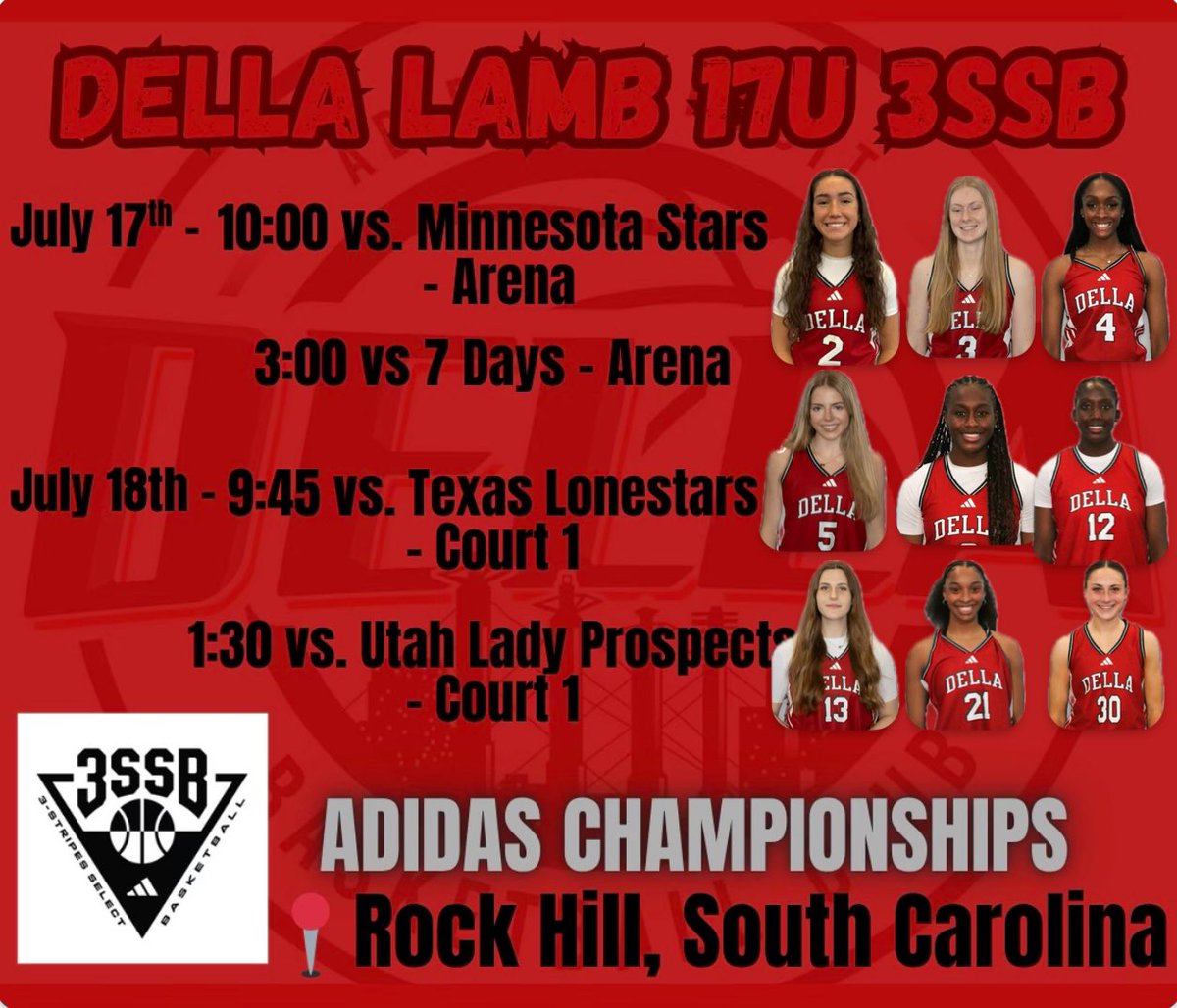 Della 17U 3SSB (@17u3ssbdella) on Twitter photo Adidas Championship in Rock Hill for the Last Ride!!
SCHEDULE DROP!!!
<a href="/alex__keister/">Alex Keister</a> <a href="/JessicaEBorders/">Jessica Borders</a> <a href="/AddiePearl42/">Addison Carr</a> <a href="/JaylaMcC2026/">Jayla</a> <a href="/LondynP2/">Londyn P</a> <a href="/MaryGrant2026/">Mary</a> <a href="/AsiaLee2026/">Asia</a> <a href="/reganbecker2026/">Regan Becker</a> <a href="/elianaarambula1/">Eliana Arambula</a> <a href="/dellalamb_bball/">Della Basketball Club</a> Adidas Championship in Rock Hill for the Last Ride!!
SCHEDULE DROP!!!
<a href="/alex__keister/">Alex Keister</a> <a href="/JessicaEBorders/">Jessica Borders</a> <a href="/AddiePearl42/">Addison Carr</a> <a href="/JaylaMcC2026/">Jayla</a> <a href="/LondynP2/">Londyn P</a> <a href="/MaryGrant2026/">Mary</a> <a href="/AsiaLee2026/">Asia</a> <a href="/reganbecker2026/">Regan Becker</a> <a href="/elianaarambula1/">Eliana Arambula</a> <a href="/dellalamb_bball/">Della Basketball Club</a>