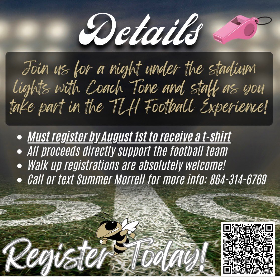 CoachJasonTone's tweet image. Ladies clinic August 14th. Scan QR code and come have a great time. A day in the life of a TL Hanna football player. Go Jackets @TLH_Football