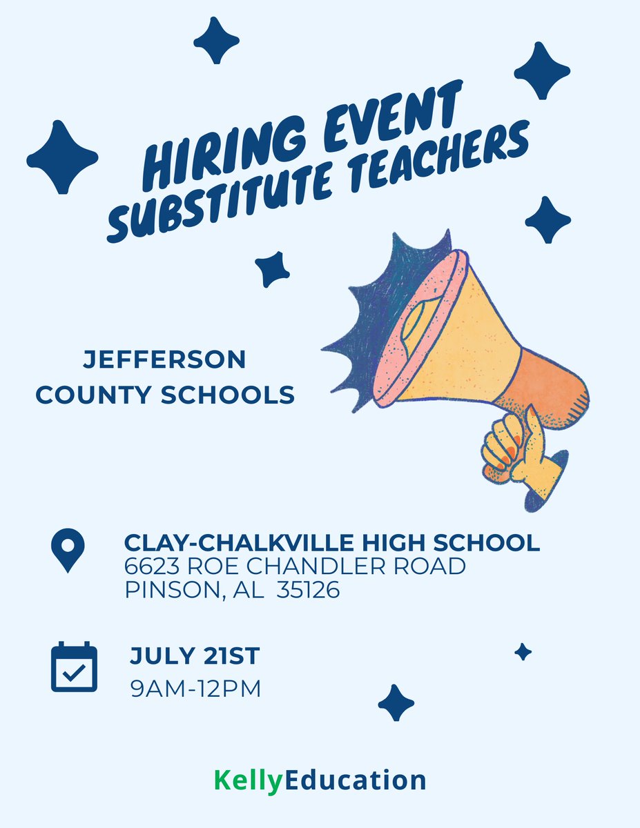 JEFCOED's tweet image. 📣Join Our Team | Substitutes Needed! 📣
TOMORROW is the day! You’re invited to Kelly Education's substitute teacher hiring event for Jefferson County Schools!
📆Monday, July 21, 2025
⏰9 AM - 12 PM
📍Clay-Chalkville High School
See you soon!