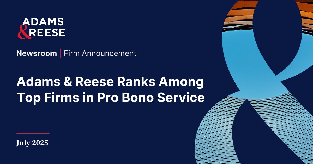 We are excited to announce that Adams &amp; Reese ranks among the Top 100 firms in #probono service. The Pro Bono Scorecard was published by <a href="/lawdotcom/">Law.com</a> - scoring firms on average pro bono hours per attorney in 2024. A&amp;R has been on the list since 2007 &gt;&gt; adamsandreese.com/newsroom/ranke…