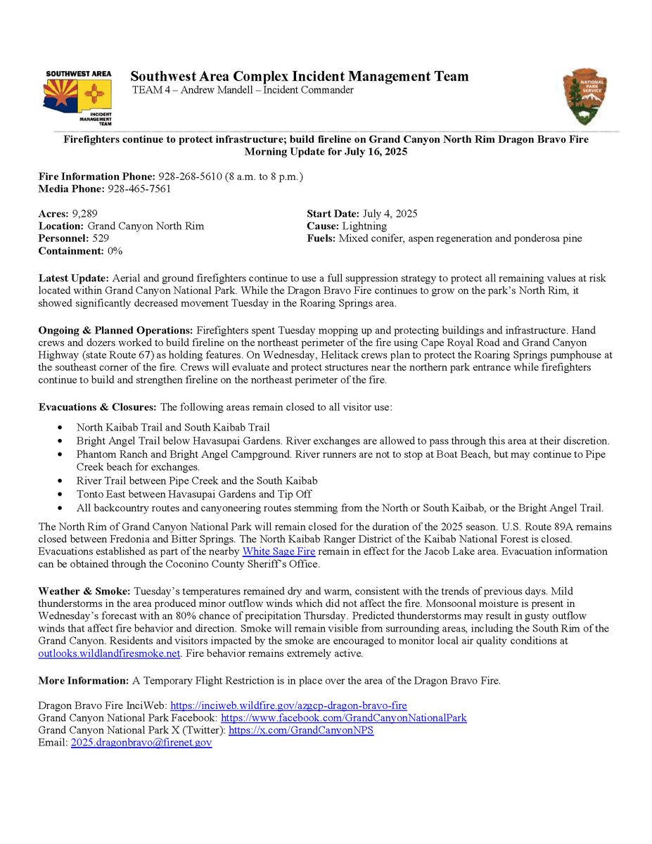 GrandCanyonNPS's tweet image. #DragonBravoFire Update - Acres: 9,289; Containment: 0%; Personnel: 529. Aerial & ground firefighters using full suppression strategy to protect all remaining values at risk located within Grand Canyon National Park. Fire continues to grow on North Rim but showed significantly…