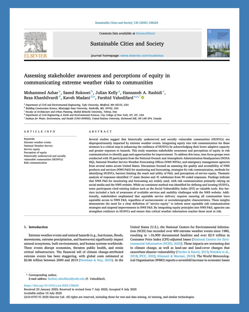 UNUINWEH's tweet image. New research from #UNUINWEH examines persistent equity challenges in the U.S. extreme weather risk communication โ highlighting trust deficits, structural barriers, and the need for culturally grounded, inclusive strategies.
๐ sciencedirect.com/science/articlโฆ
#ClimateJustice
